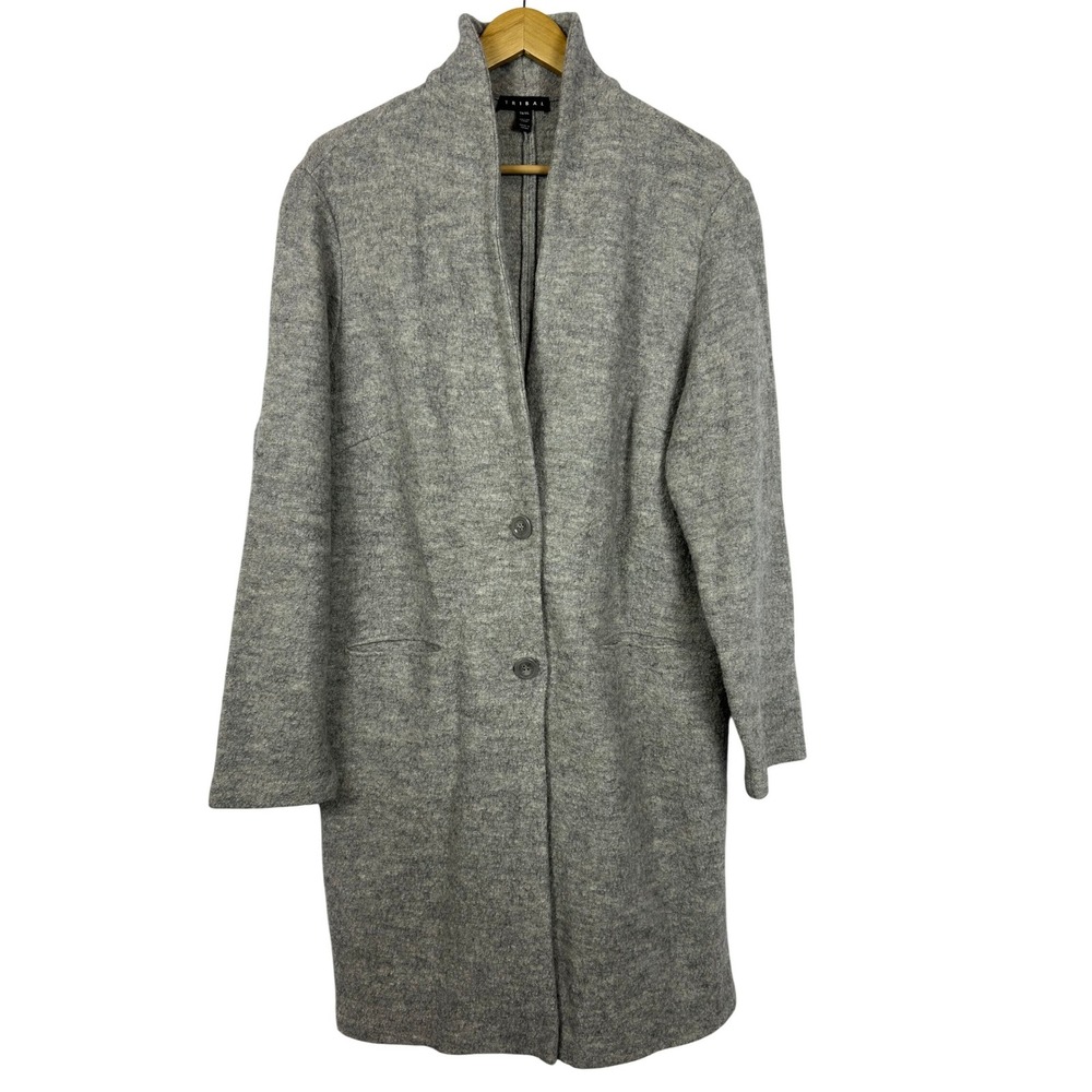 Tribal Gray Boiled Wool Blend‎ Longline Cardigan Shawl Collar Coat XL
